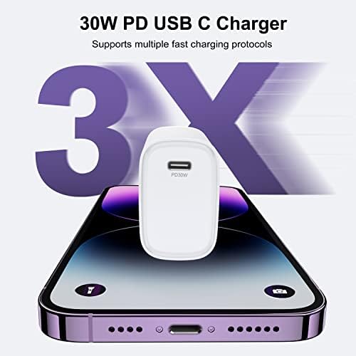 Бързо Зарядно устройство, USB C мощност 30 W, 2 комплекта Адаптер USB-C, Стенни вилица PD 3.0 GaN за iPhone 14/14 Pro/14