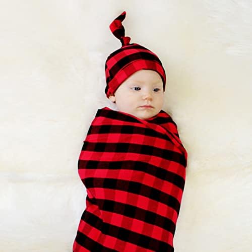 ZOONAI Червено-Черно Клетчатое Пеленальное Одеяло За бебе, което приема Одеяло, Обвивка от Плат, за да Спи с Шапка (Червен Черен)