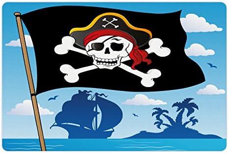 Foldout Пират подложка за домашни за храна и вода, Знак за опасност Внимавай за Пирати, Череп с Шапка, Флаг на Безлюден