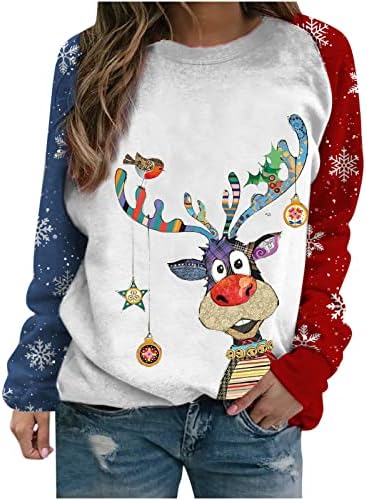 Дамски блузи BADHUB Грозната Коледа, блузи с дълги ръкави и графичен принтом елен, ежедневни ризи с кръгло деколте