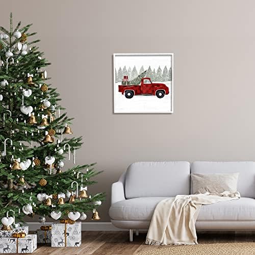 Stupell Industries Червено Каре от Бъфало, Ретро камион, Коледно дърво, Заснежени поле, Дизайн Виктория Борхес