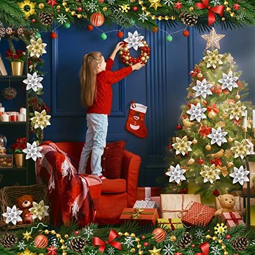 Canlierr 100 бр Коледа е коледната звезда Изкуствени Цветя на Едро с клипове и стъбла от 5,5 инча Украса за Коледната Елха