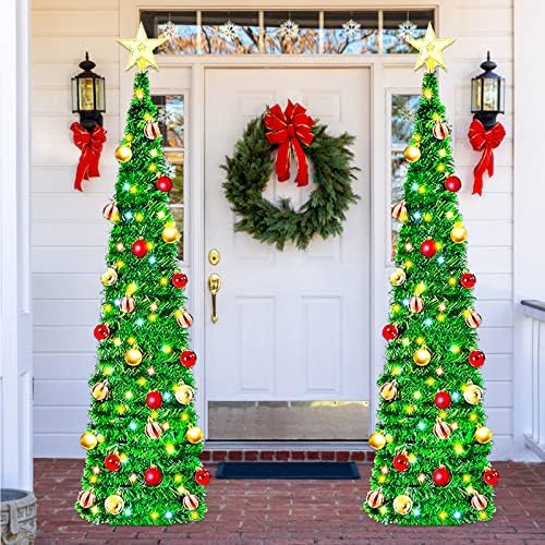 Изкуствена Коледна елха с 50 Цветни гирлянди, с височина от 5 фута, Сгъваема Мишурная Коледна Елха с Коледни топки, Коледни