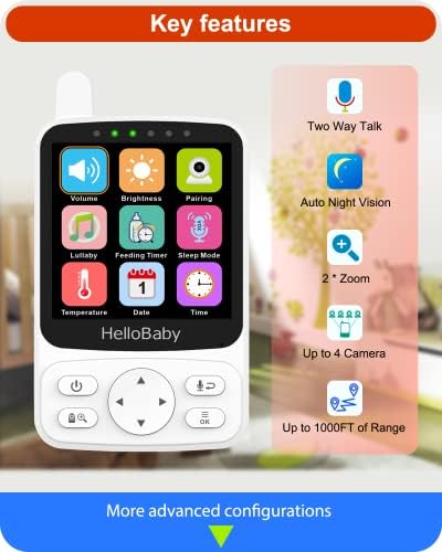 Монитор HelloBaby с 29-часов живот на батерията и 4-инчов IPS-екран, без Wi-Fi, Видеоняня с камера и звук