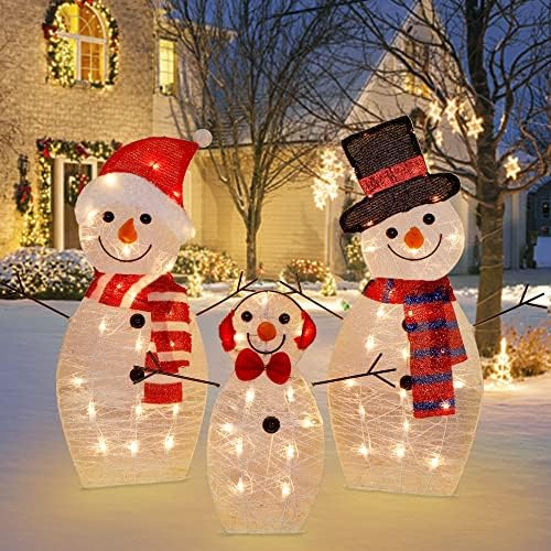 На РАЗСЪМВАНЕ Предварително Осветени Семейство снежни човеци, 60 Светлини, Коледни Сгъваем Снежен човек, Външно Украса,