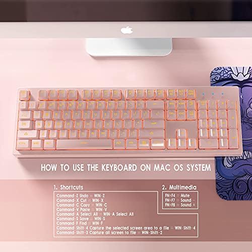 Розова клавиатура Basaltech с 7-цветен led подсветка, 104 клавиша с безшумна подсветка, 19 клавиши със защита от отблясъците,