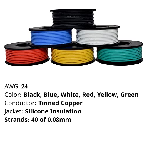 Тел 24 калибър - 6 Цвята Луженых медни проводници с изолация от силиконов каучук (черно, червено, жълто, зелено,