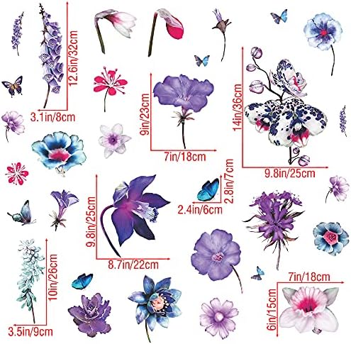 Подвижни Стикери за стена с Цветя и Пеперуди, Виолетово-Сини Флорални Стикери за Стена, Направи си Сам, Подвижни Акварели