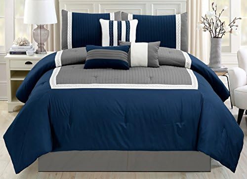 Комплект спално бельо Cal King Size от 7 теми тъмно синьо/сиво/бял цвят в комплект с одеало от микрофибър (Калифорния).