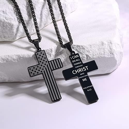 Apsvo 22 + 2 Инча(А) А) Колие с Кръст под формата на Американски флаг, Верижка от Неръждаема Стомана с Вдъхновяващи Библейски