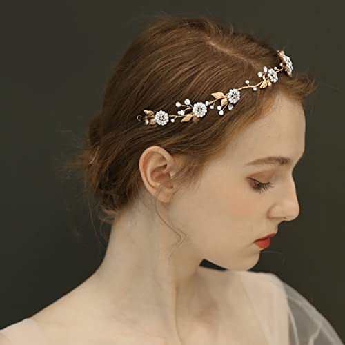 Сватбена превръзка на главата с цветя модел за булката, златната лоза за коса, аксесоари от страз за жени и момичета (13.6 инча)