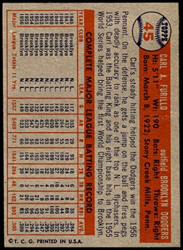 1957 Topps 45 Карл Furillo Бруклин Доджърс (Бейзбол карта) EX/MT+ Доджърс