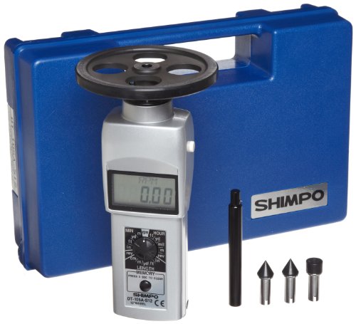 Ръчно тахометър Shimpo DT-105A-S12TCAL с 12-инчов колело, LCD дисплей, в диапазон от 0,10-25000 об/мин и със сертификат