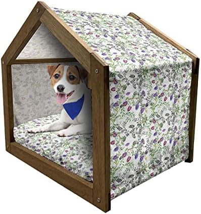Дървена Къщичка за куче с цветен модел Ambesonne, Вертикално Разположени Цветя Глухарче, Ефект за Рисуване на Тънки Линии Скица,