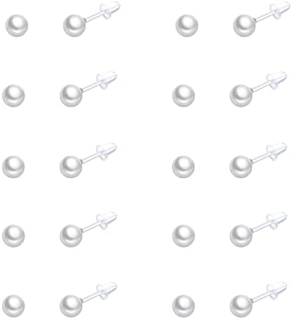 10 Двойки Пластмасови Обици-гвоздиков с Изкуствени Перли за Чувствителните Уши 4-10 мм, Бяло Разноцветни Перлени
