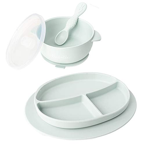 Пълен набор от детски смучат чинии и мисок Ullabelle с лъжица - Храна силикон без бисфенол А - Безопасно за микровълнова