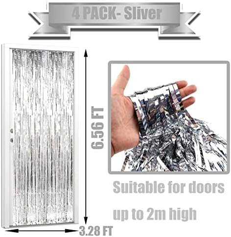 4 Опаковки Завеса с ресни от Сребърно фолио, 3,28 Фута x 6,56 фута, Завеси с метална Гирлянди, Панделки, с Ресни от