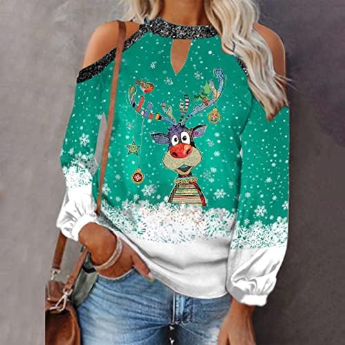 Дамски Hoody с открити рамене, тениски с дълъг ръкав, Коледна тениска с принтом, Дамски Модни Отворена Блуза, Коледен Пуловер
