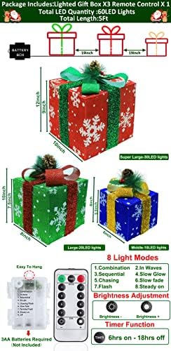 [Супер големи 12 -10-8] 3 опаковки 60 led коледни подаръци кутии с осветление, Декор, Таймер, 8 Режима на Управление, Дистанционно