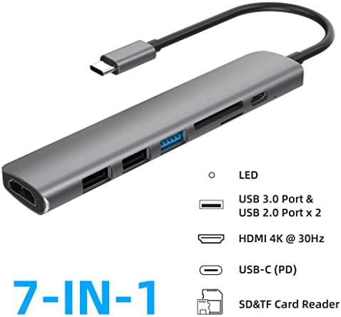 LMMDDP USB 3.1 Type-C Хъб към адаптер 4K Thunderbolt 3 C USB Hub с гнездо за четец на карти памет 3.0 TF SD (Цвят: сив, размер: