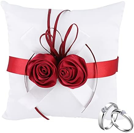 Възглавница за годежни пръстени Natudeco,7,9 x 7,9 x 3.7 инча, Бяла Романтичната Розова Лента, Модни Кутия За Годежни