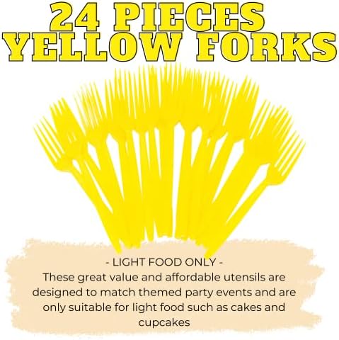 Жълти Пластмасови вилици (24 опаковка) - Жълти Вилици за партита, Лека Пластмасова Посуда, Цветни Пластмасови Вилици,
