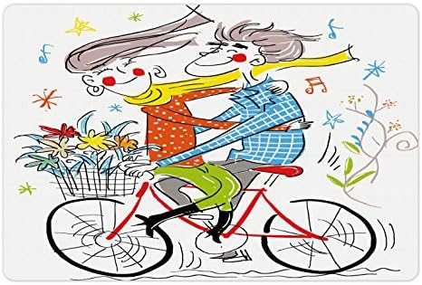 Foldout Цветна подложка за домашни за храна и вода, Момче и Момиче на Велосипед с цветя и Музикални ноти, Весела Картина