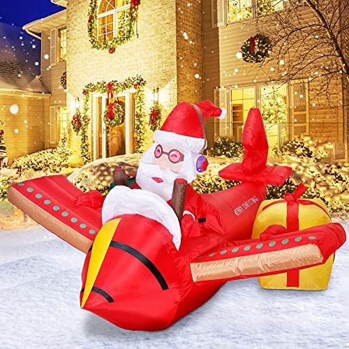 Коледни Надуваеми украшения OBBOA 6,5 фута на открито с led крушки, Дядо Коледа със самолет, Надуваеми Коледна