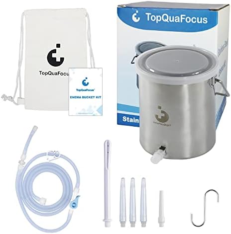 Комплект Кофи за клизми TopQuaFocus - за мъже и жени -2 Кофа от неръждаема стомана за домашна употреба - Силиконов маркуч