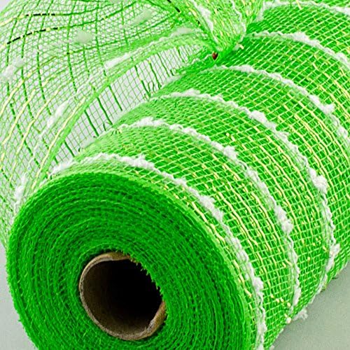 10 Метална мрежа в ивица на снежната топка, тъкани от поли-деко, лаймово-зелен и бял цвят, Ширина 10,5 инча и ширина 10 ярда