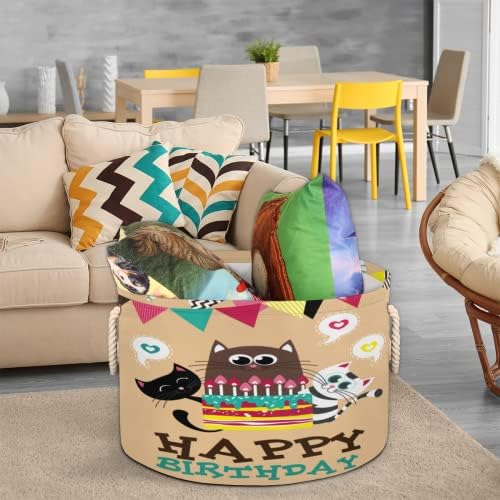 Тематичен Котка честит Рожден Ден, Големи Кръгли кошници за съхранение, Кошница за дрехи с дръжки, Кошница за съхранение
