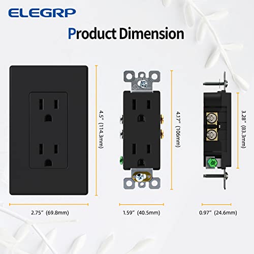ELEGRP Матово-Черна Стандартна Стенни електрически контакт за декоратори, 15A 125 В, 2 полюса, 3 жици, защита