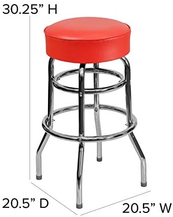 Бар стол Flash Furniture с двоен пръстен, хромиран, с червена седалка