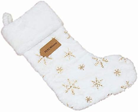 MrXLWhome Коледни Чорапи, 18 инча Бял плюш със Златен сияещ със Сняг, Класически Големи Чулочные Украса за коледните празници,