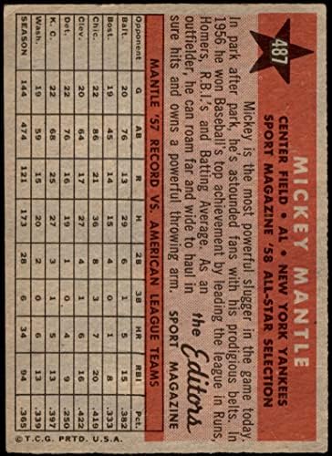 1958 Topps 487 All-Star Мики Мэнтл Ню Йорк Янкис (Бейзболна картичка) VG + Янкис