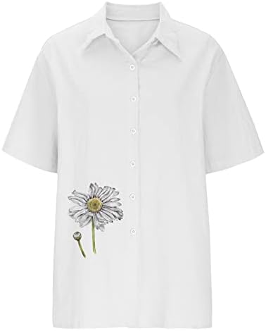 Дамски Памучни Ленени Блузи Копчета Свободно Намаляване с Къс Ръкав, Ризи с Цветен Модел, Риза за Момичета, Класическа