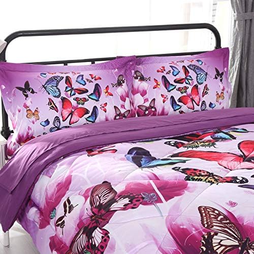 Пълен комплект спално бельо Wowelife Butterfly, Актуализиран Комплект Спално бельо с 3D пеперуда Лилаво-Розов Цвят, Комплект