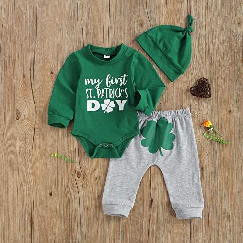 Облекло за Новородени момчета в Първия Ми Ден на Св. Патрик, Зелен Гащеризон с дълги ръкави, Панталони с принтом