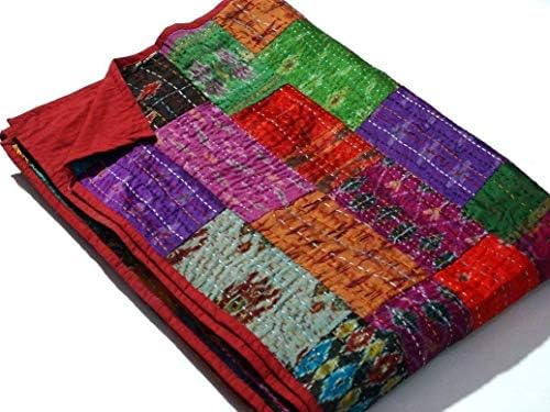 Индийското Стеганое одеяло Sophia Art -Винтажное Стеганое Одеяло Old Patola От индийското Сари от Коприна Кант, Покривки Quilting