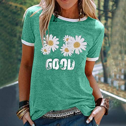 Тениска за жени, Модни Летни блузи с флорални принтом Маргаритки, Ежедневни Тениски с къс ръкав и кръгло деколте,
