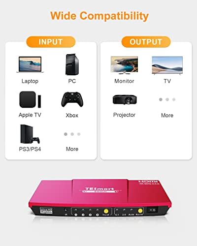 TESmart 4x1 HDMI комутатор 4K, HDMI Switcher Box Оптично аудиовыходом, HDMI-сплитер 4 в 1 с IR-дистанционно управление,