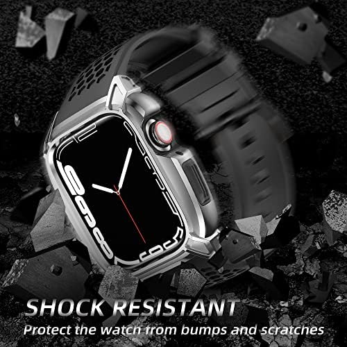 OUHENG Съвместим с Apple Watch Каишка 45 мм, с корпус от неръждаема стомана, Удароустойчив Военен Здрав Мъжки Спортен каишка