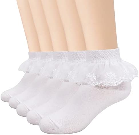5 Опаковки Чорапи с волани за малки Момичета, Бели Чорапи Принцеса, Дантелени Чорапи с Къдри на Щиколотках, Памучно