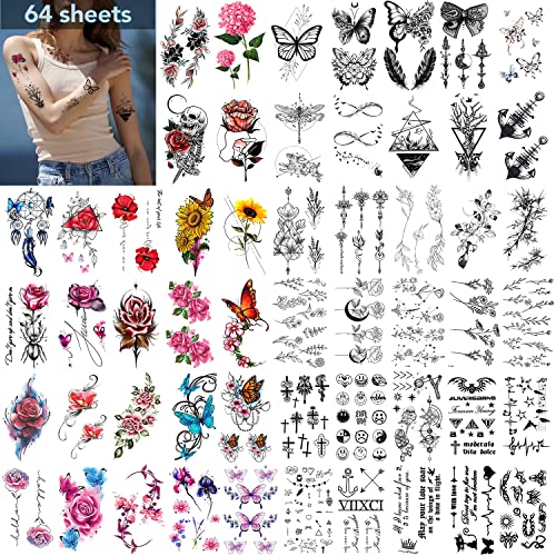 64 Листа на Временни татуировки с цветя и пеперуди, за жени или Момичета - Лепило Фалшиви Стикери с Татуировки