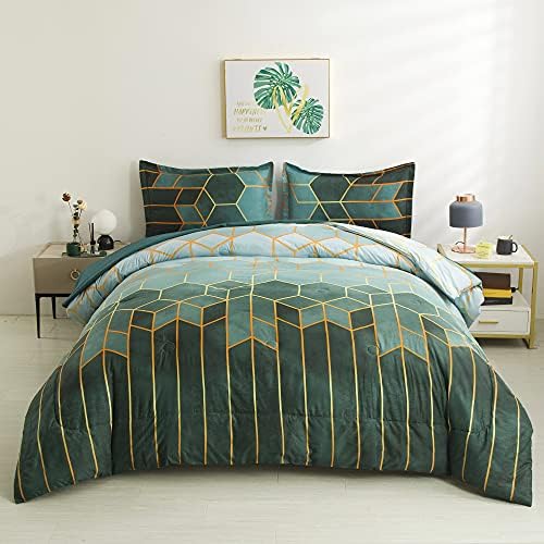 Sisher, 5 бр., Кралско одеяло, Геометрични Комплекти спално бельо Modren за мъже и Жени, Зелена легло в чантата King (1 Одеяло,