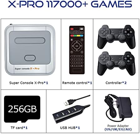 Игрова конзола 256GB X PRO Ретро стил с над 117 000 игри, Двойна система, Игрова конзола за 4K HD TV, 2 контролер, Wi-Fi/LAN,