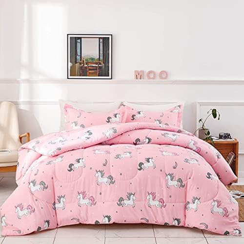 Спално бельо Uozzi Легло в леглото, 7 предмети, розов Еднорог Queen Size с дъгова звезда - Мек микрофибър, Разменени комплект