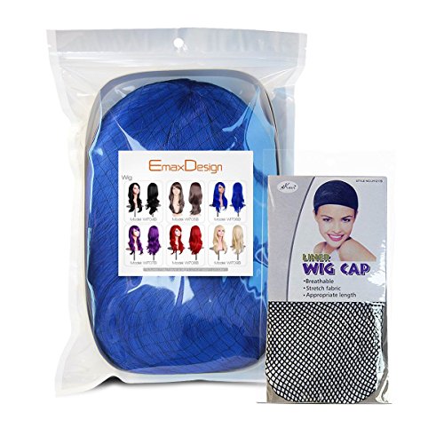 Перуки EmaxDesign 28-инчов женски перука за cosplay с шапочкой за перуката и гребен (тъмно синьо)