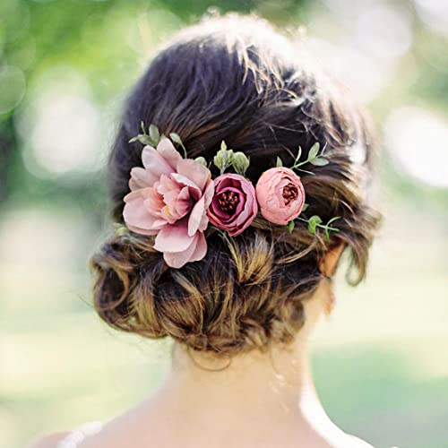 Fangsen Boho Сватбена гребен с рози и фрезии, на пролетно сватбена прическа за жени и момичета, сребърен