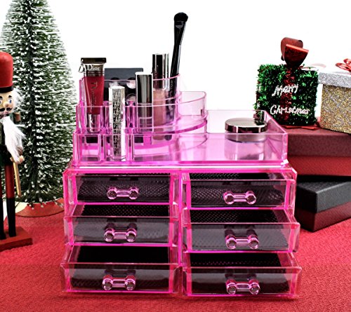Розов Акрилен Органайзер за козметика и бижута с 6 чекмеджета и 8 отделения в Горната част (идеята за Коледа, подарък